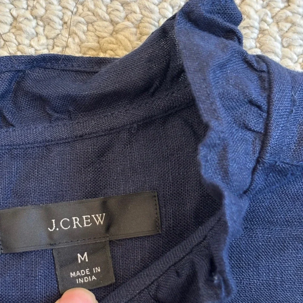 J.Crew 100% Linen Smocked Puff Sleeve Ruffle Top, Medium Navy Blue Preppy office